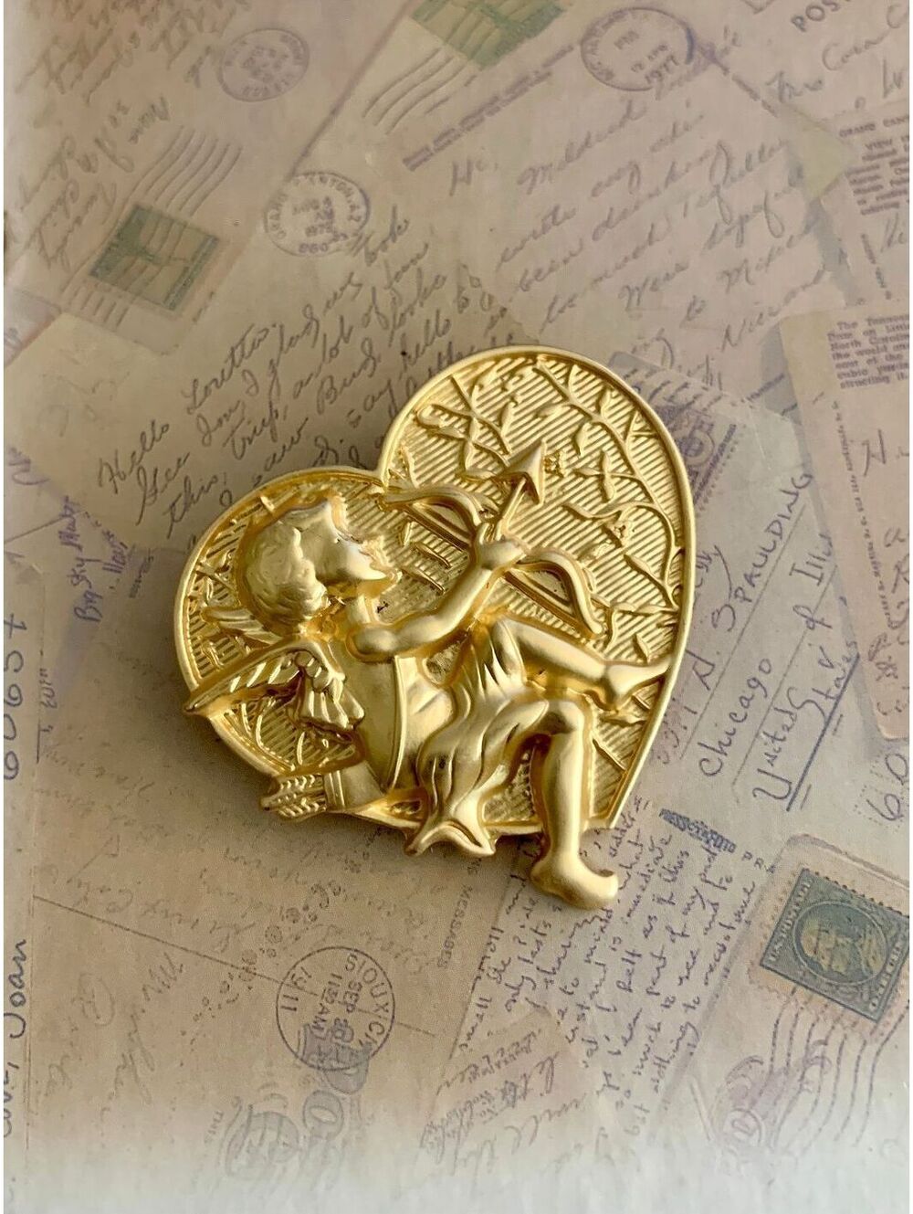 Victorian Revival / Romantic / Figural Cherub Brooch Cupid Heart Figural